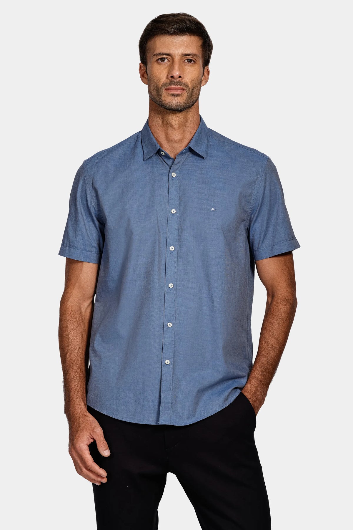 Camisa Manga Curta Cosmo Regular Fil a Fil Antilia Azul Escuro