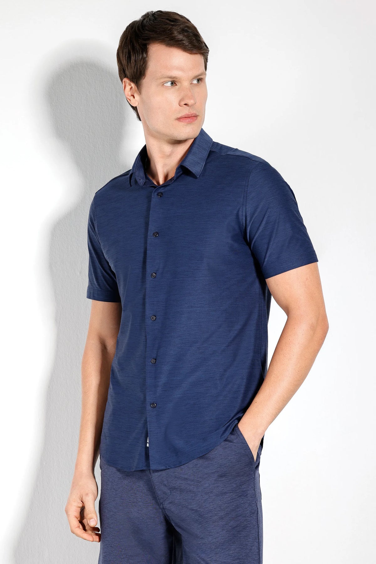 Camisa Melange Manga Curta Marinho