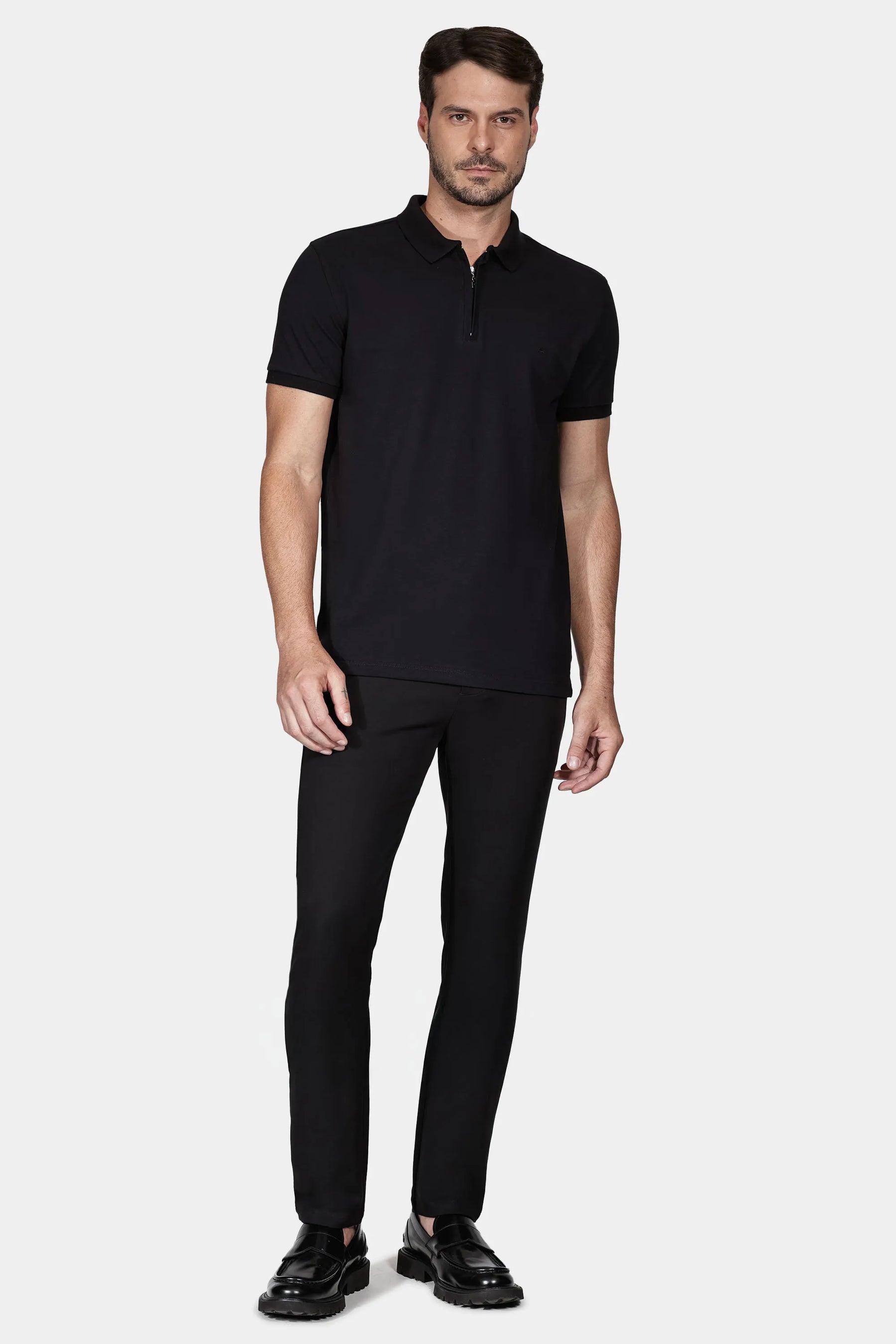 Polo Piquet Zíper Preto