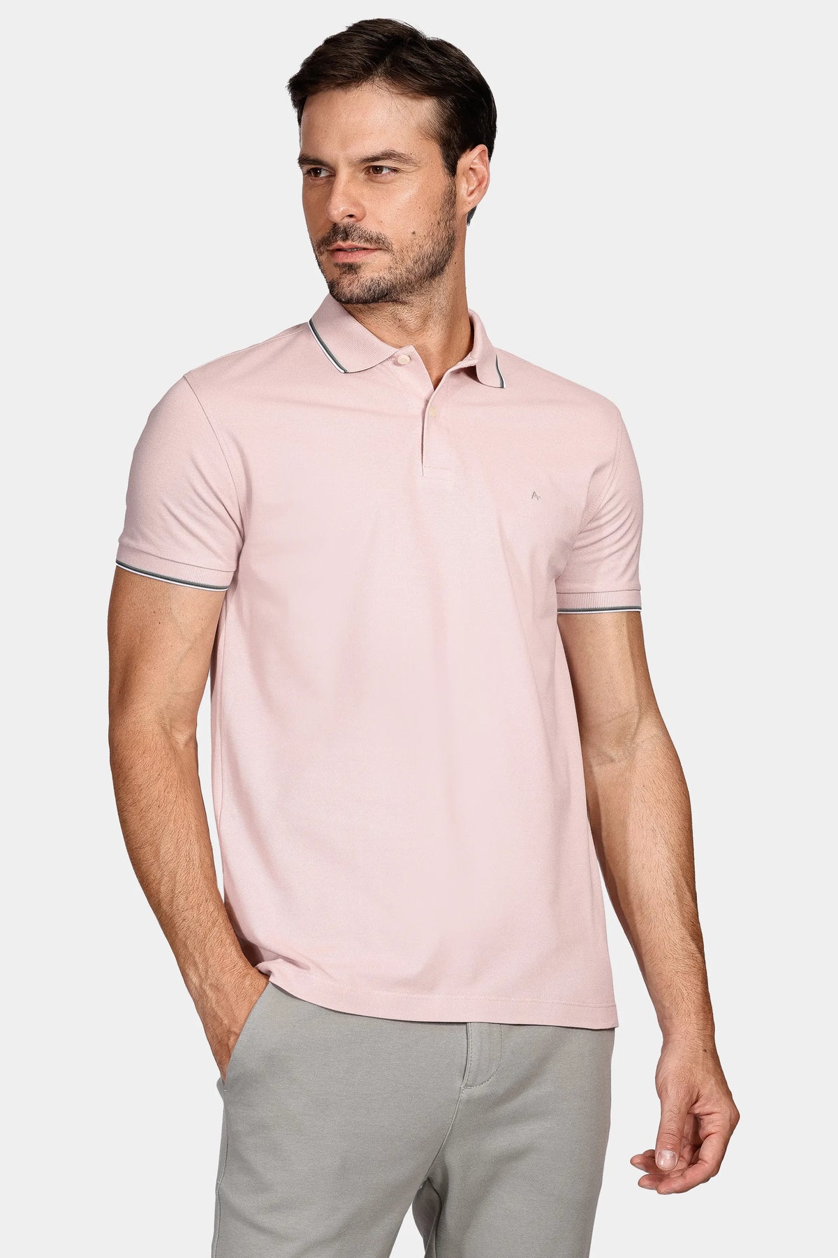 Polo Básica 4 Frisos Rosa Seco Com Cinza