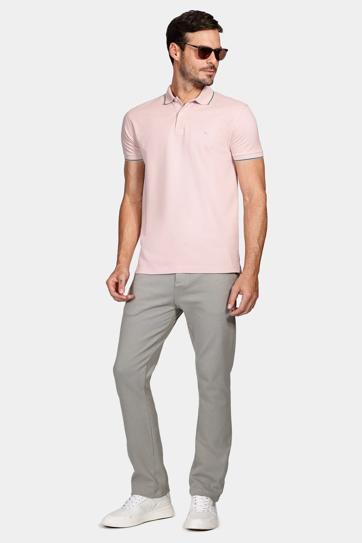 Polo Básica 4 Frisos Rosa Seco Com Cinza